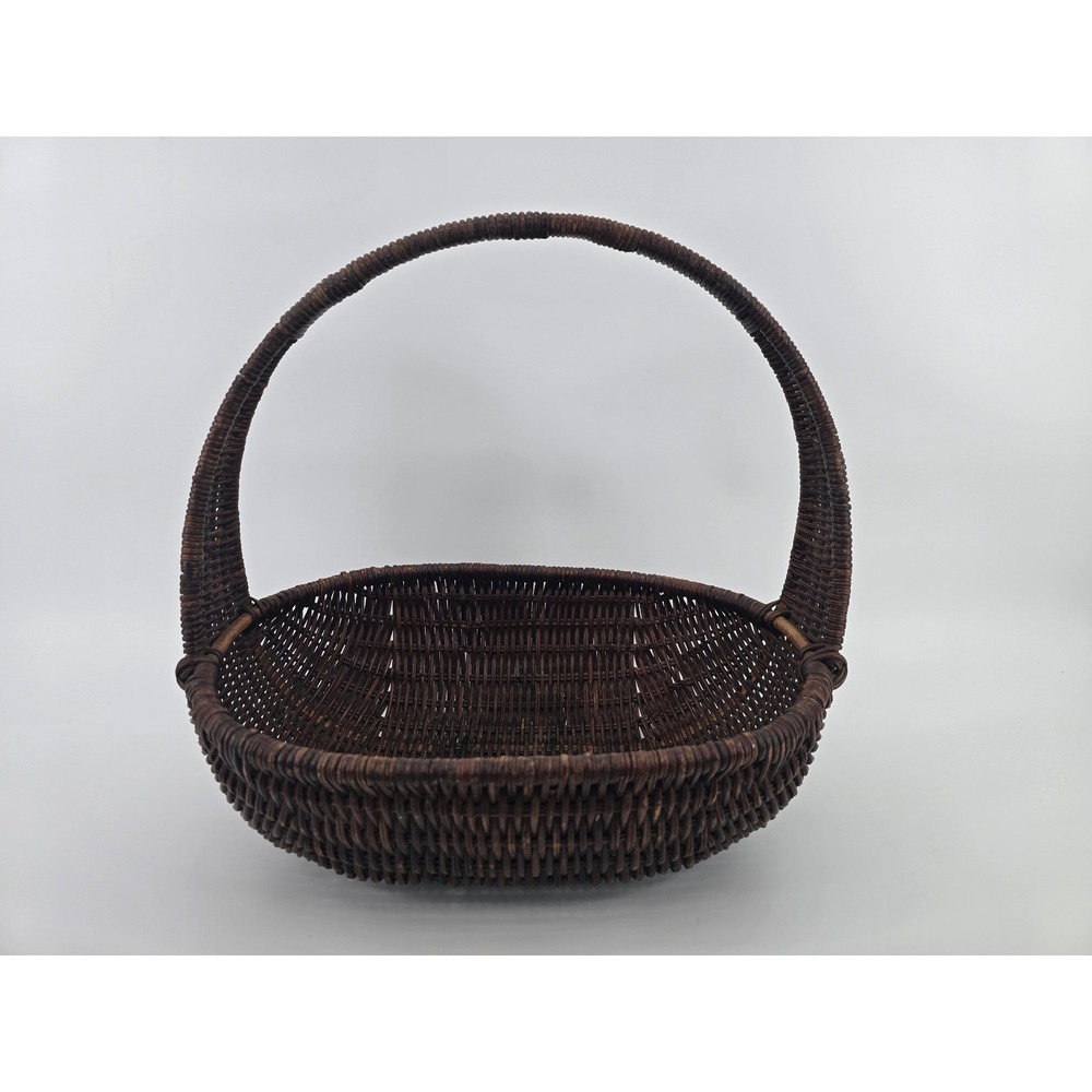 Vintage Dark Brown Woven Wicker Basket with Handle Oval Decorative Storage